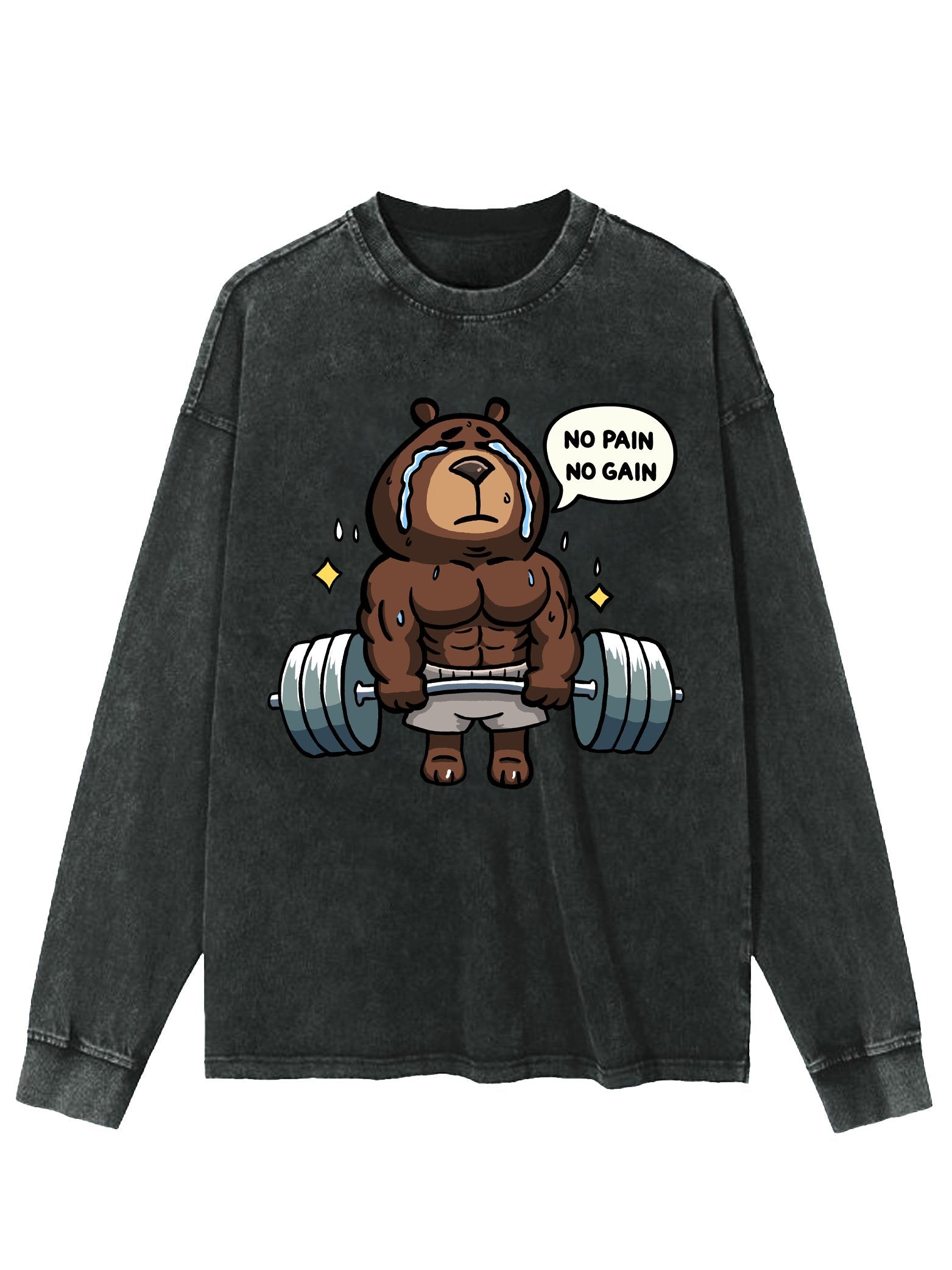 NO PAIN NO GAIN WEIGHTLIFTING BEAR WASHED LONG SLEEVE SHIRT