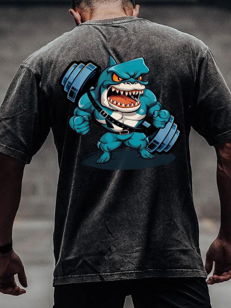 SHARK AND DUMBBELL back printed Washed Gym Shirt