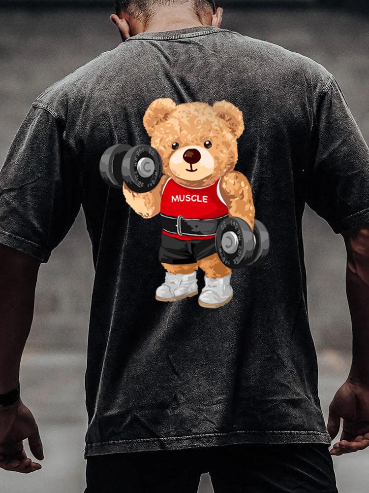 DUMBBELL WEIGHTLIFTING TOY BEAR Washed Gym Shirt