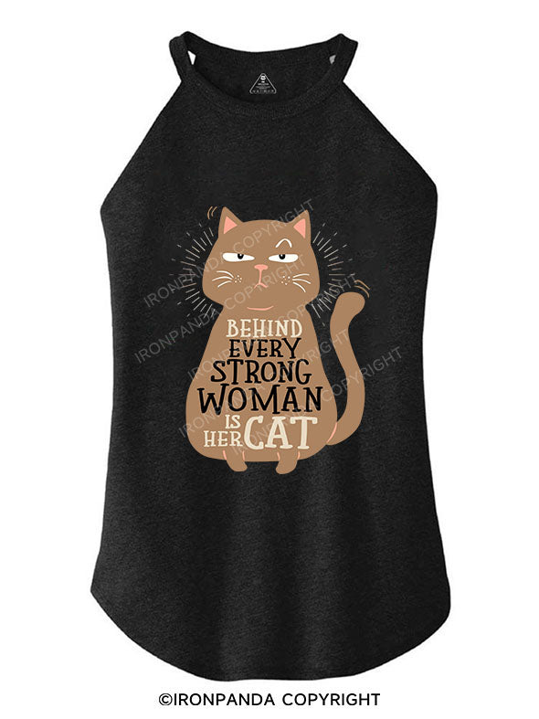 BEHIND EVERY STRONG WOMEN IS HER CAT TRI ROCKER COTTON TANK