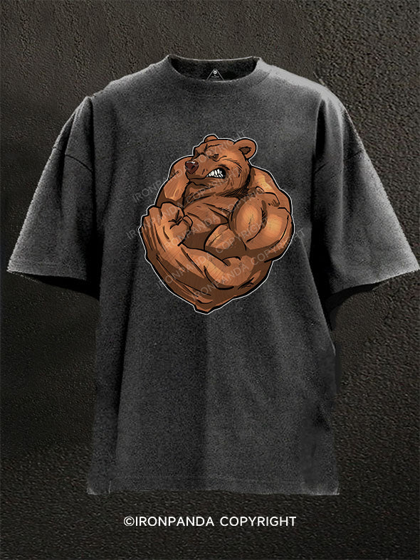 Strong Bear With Muscles Washed Gym Shirt