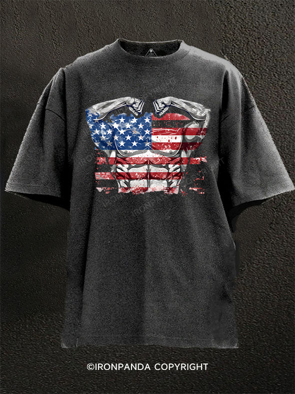 AMERICAN USA Flag with Flexing Muscle Washed Gym Shirt